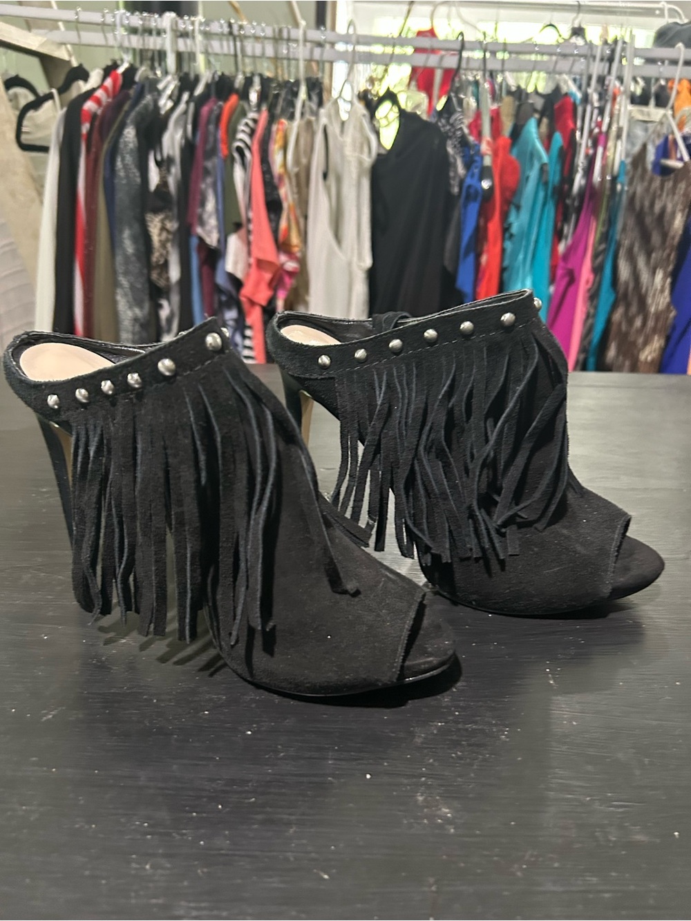 Guess Black Fringe Open-Toe Heeled Mules